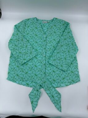Bellisima Kim Gravel Mint Green Embroidered Leaf Print Tie-Front Button Top XL
